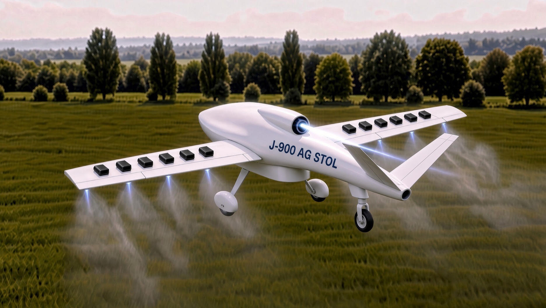 J-900 AG STOVL agricultural aircraft concept over a field